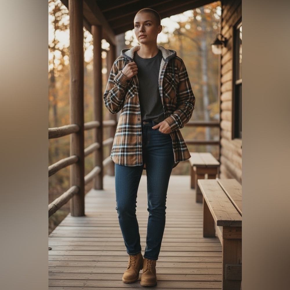 Brown Plaid Flannel Jacket with Hood - Picture 2 of 13